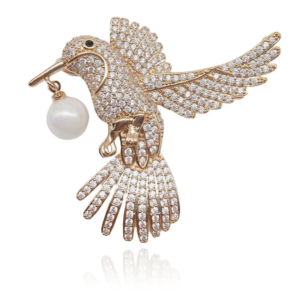 Brooch Bird with Pearl and Rhinestones with Gold inlay